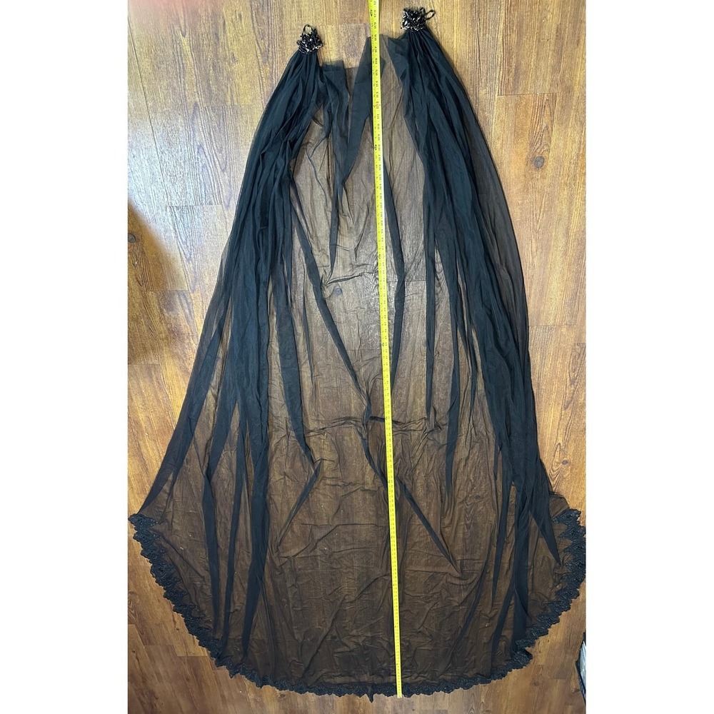 Black Cathedral Length Wedding Veil Cape Shoulder Cap Lace Beaded Gothic - Picture 7 of 8